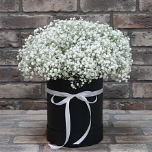 Цветочная композиция из Гипсофила в шляпной коробке в Конобеево